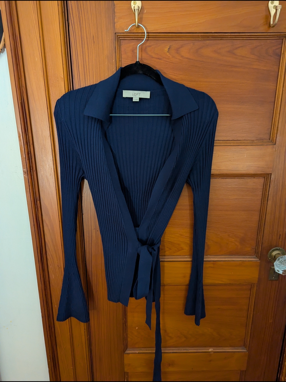 LOFT Navy Ribbed Tie-Waist 70s Top